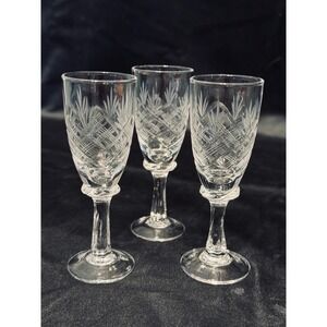 Vintage Etched Crystal Cordial Glasses Set of 3 Cross-Hatch Wheat Pattern 4.5"